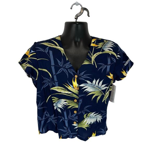Paradise Found Hawaii Women’s Shirt Tropical Floral Blue Size Small Rayon NWT - Picture 1 of 11